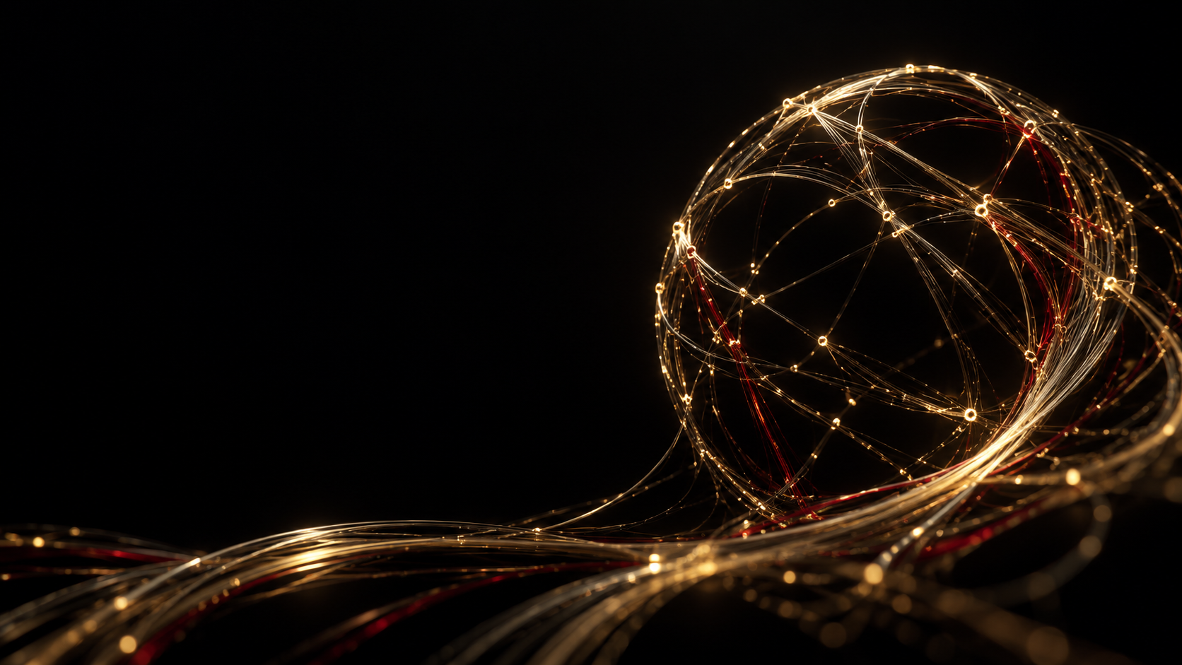 Abstract gold and red fibre filaments forming a connected sphere